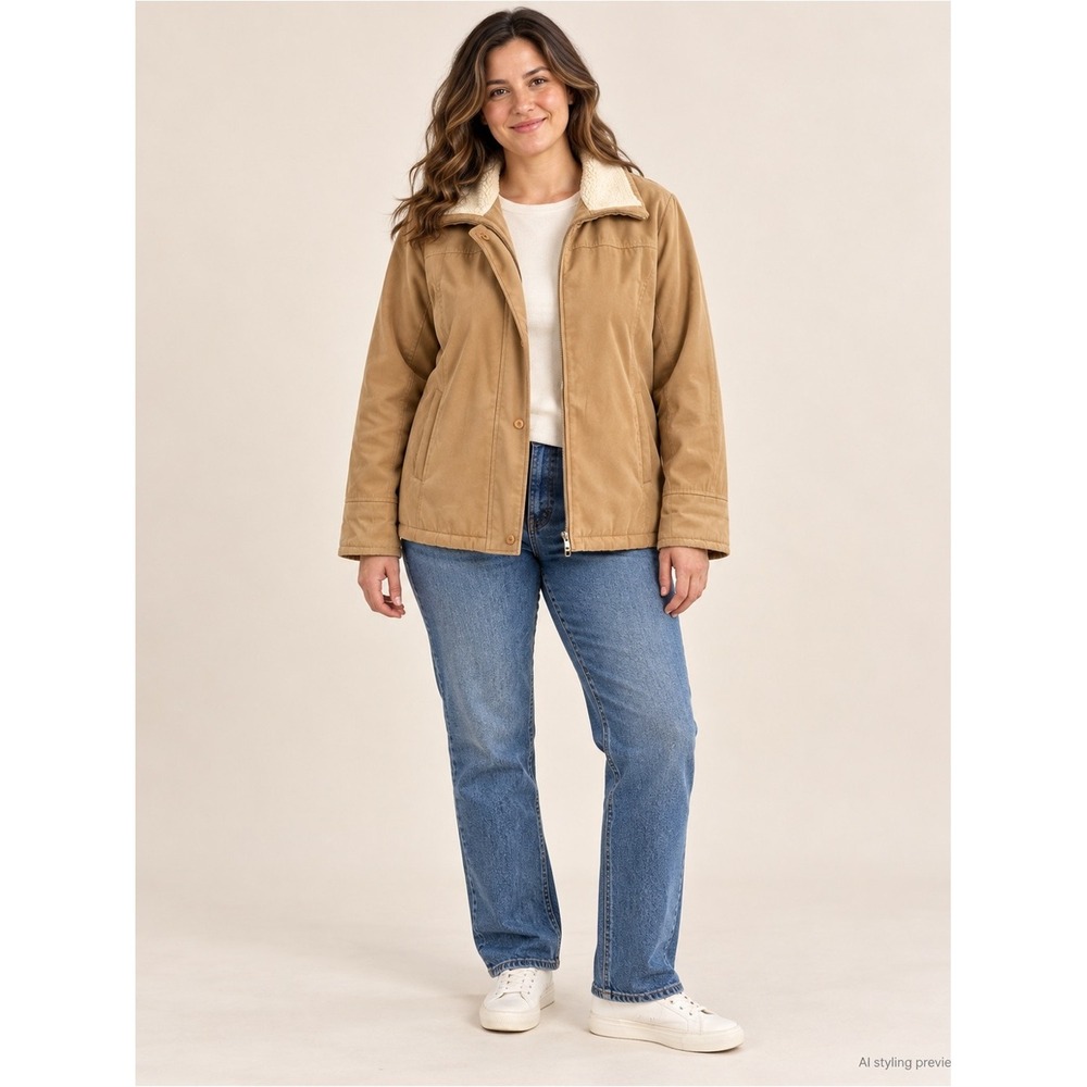 London Fog Limited Edition Tan Faux Suede Sherpa Collar Quilted Jacket Large